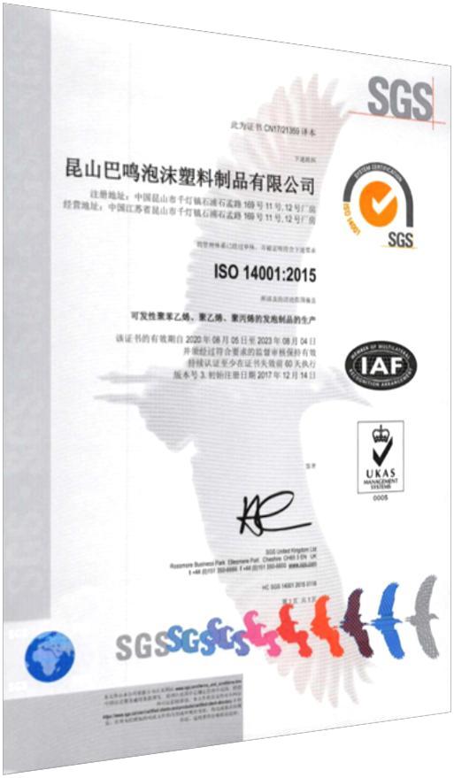 ISO 14001:2015 certification document with SGS logo on a white background